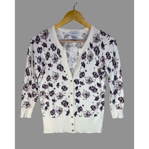 Carmen Marc Valvo Womens Floral Snap Front Cardigan White Purple 3/4 Sleeve S
